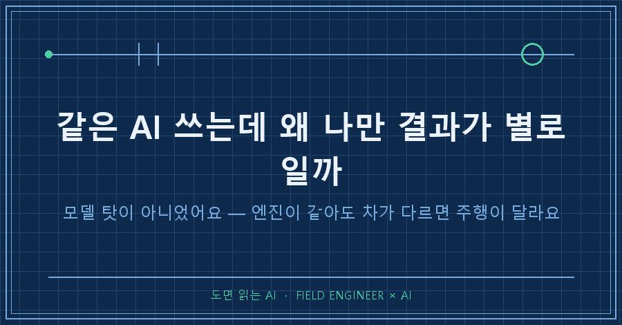 타이틀카드 — "같은 AI 쓰는데 왜 나만 결과가 별로일까 / 모델 탓이 아니었어요"
