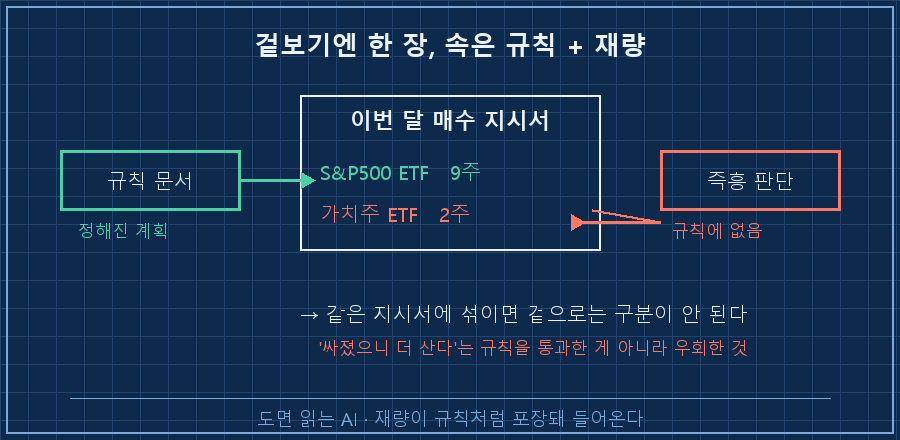 매수 지시서에 '규칙'과 '재량'이 겹쳐 들어온 구조 — 규칙 라인(S&P500 9주, 초록)은 규칙 문서에서 나왔고, 재량 라인(가치주 2주, 빨강)은 규칙에 없는 즉흥 판단인데 같은 지시서에 섞여 겉으로는 구분이 안 됨
