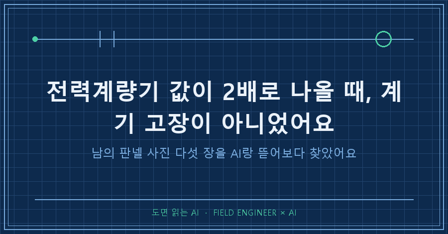 타이틀카드 — "전력계량기 값이 2배로 나올 때, 계기 고장이 아니었어요 / 남의 판넬 사진 다섯 장을 AI랑 뜯어보다 찾았어요"