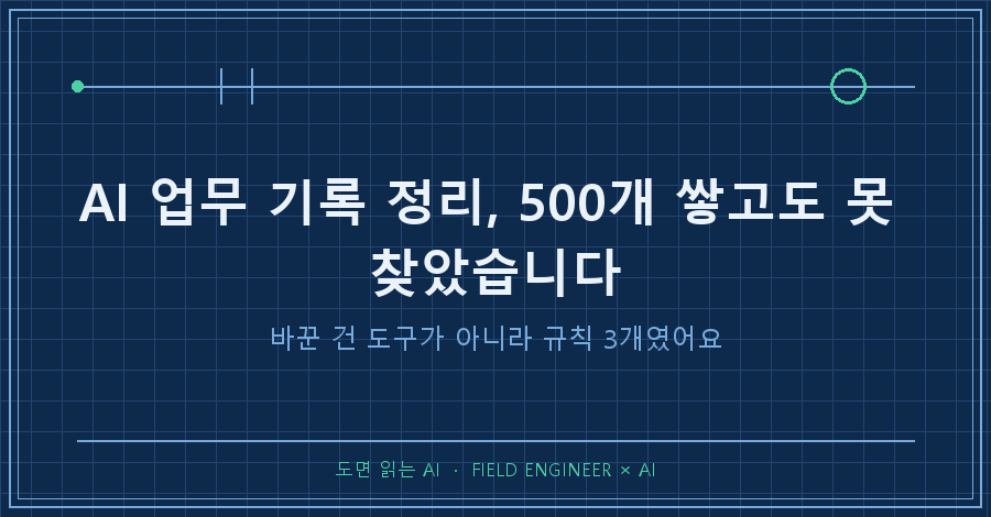타이틀카드 — "AI 업무 기록 정리 / 500개를 쌓고도 못 찾았어요"
