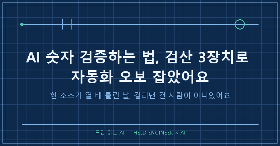 타이틀카드 — "AI 숫자 검증하는 법 / 검산 3장치로 자동화 오보 잡았어요"