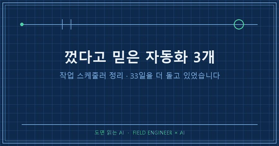 타이틀카드 — "껐다고 믿은 자동화 3개 / 작업 스케줄러 정리 · 33일을 더 돌고 있었습니다"