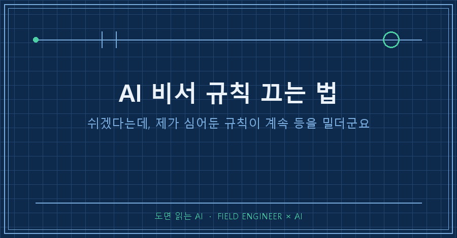 타이틀카드 — "AI 비서 규칙 / 쉬겠다는데, 제가 심어둔 규칙이 계속 등을 밀더군요"