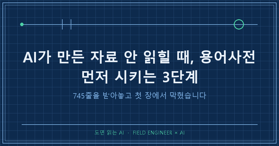 타이틀카드 — "AI가 만든 자료 안 읽힐 때 / 745줄을 받아놓고 첫 장에서 막혔습니다"