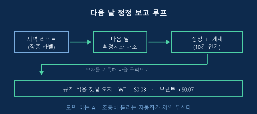 정정 루프 — 새벽 리포트(장중 라벨) → 다음날 확정치 대조 → 정정 표 게재 → 오차 기록
