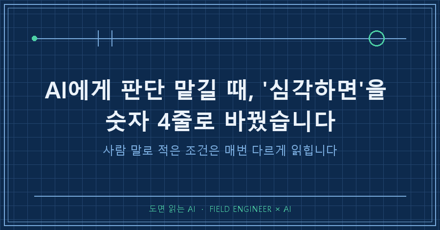 타이틀카드 — "AI에게 판단 맡길 때 / '심각하면'을 숫자 4줄로 바꾼 날"