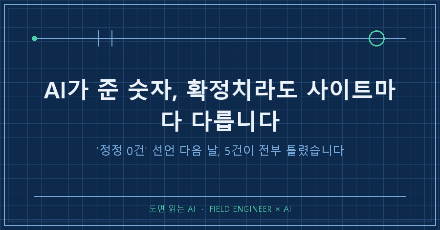타이틀카드 — "AI가 준 숫자 / '확정'이라고 적힌 값이 5건 틀렸습니다"