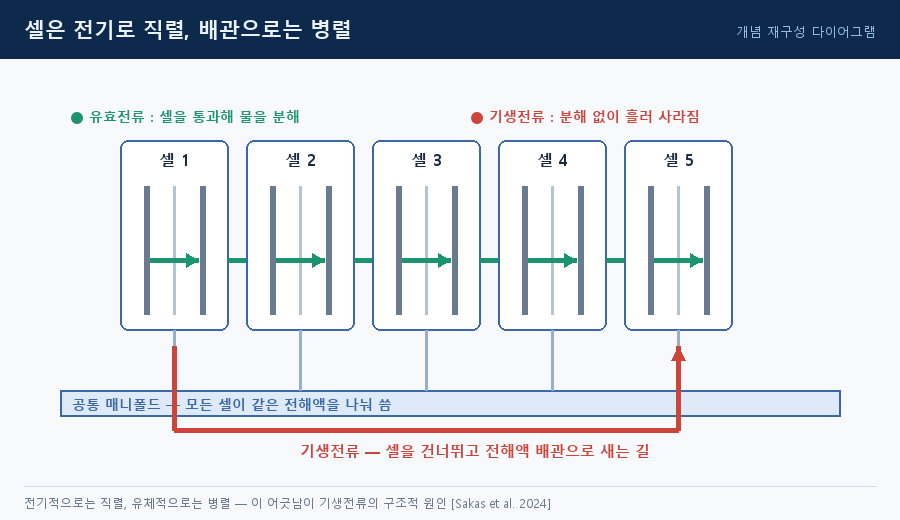 셀은 전기로 직렬, 배관으로는 병렬 — 01_shunt_path.png