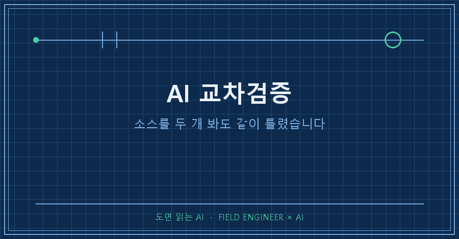 타이틀카드 — "AI 교차검증 / 소스를 두 개 봐도 같이 틀렸습니다"