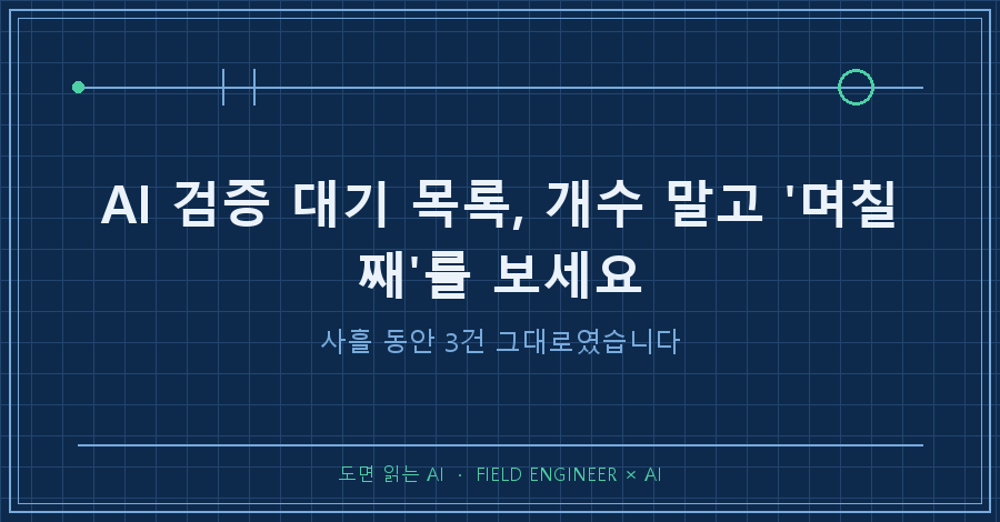 타이틀카드 — "AI 검증 대기 / 사흘 동안 3건 그대로"