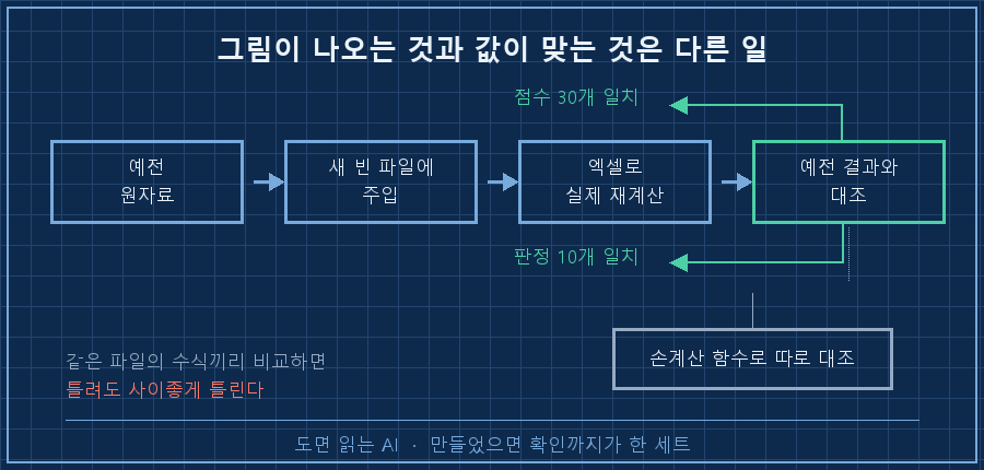재현 검증 흐름도. 왼쪽부터 상자 4개가 화살표로 연결 — '예전 원자료' → '새 빈 파일에 주입' → '엑셀로 실제 재계산' → '예전 결과와 대조'. 마지막 상자에서 위아래로 두 갈래 화살표, 위쪽 초록 '점수 30개 일치', 아래쪽 초록 '판정 10개 일치'. 대조 상자 아래에 작은 회색 상자 '손계산 함수(같은 수식 재사용 금지)'가 점선으로 연결. 하단 캡션 '그림이 나오는 것과 값이 맞는 것은 다른 일이다'