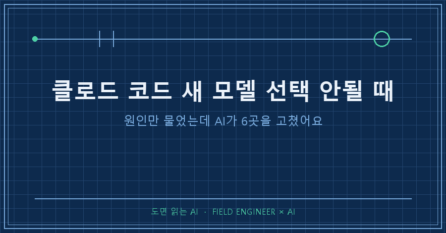 타이틀카드 — "클로드 코드 새 모델 선택 안될 때 / 원인만 물었는데 AI가 6곳을 고쳤어요"