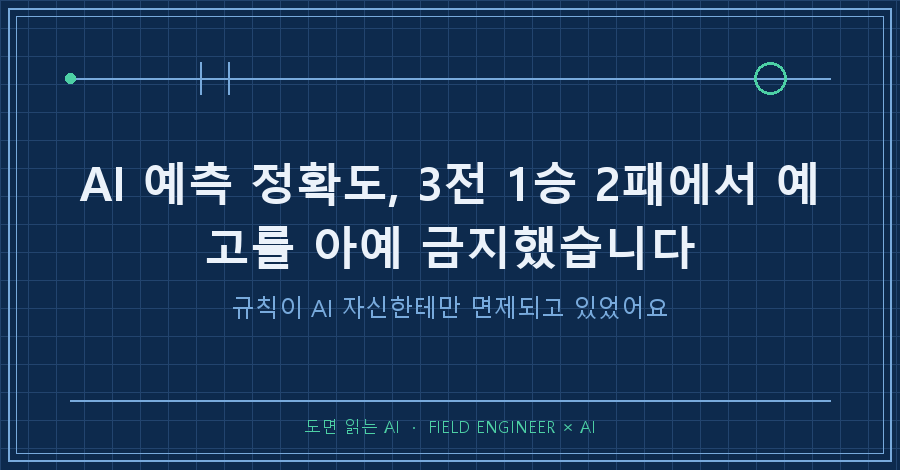 타이틀카드 — "AI 예측 정확도 / 3전 1승 2패, 예고를 아예 금지했습니다"