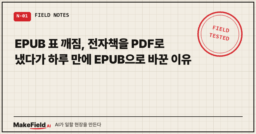 타이틀카드 — 01_title.png "EPUB 표 깨짐 / PDF로 냈다가 하루 만에 EPUB으로 바꾼 이유"
