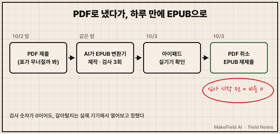04_decision.png — 판단 타임라인. 10/2 밤 'PDF 제출 (표가 무너질까 봐)' → 같은 밤 'AI가 EPUB 변환기 제작 · 검사 3회' → 10/3 아침 '아이패드 실기기 확인' → 'PDF 취소 · EPUB 재제출'. 빨간 펜 동그라미로 '심사 시작 전이라 비용 0' 표시