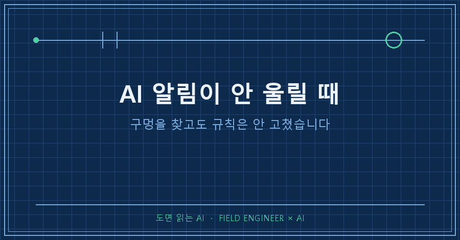 타이틀카드 — "AI 알림이 안 울릴 때 / 구멍을 찾고도 규칙은 안 고쳤습니다"