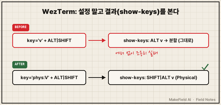 WezTerm 키 지정 비교 — BEFORE(빨간 칩): "key='v' + ALT|SHIFT" → 'show-keys: ALT v → 분할'(빨간 테두리, 고친 줄 알았는데 그대로). AFTER(잉크 칩): "key='phys:V' + ALT|SHIFT" → 'show-keys: SHIFT|ALT v (Physical)'(체크). 손글씨 메모 '설정 말고 결과를 본다'