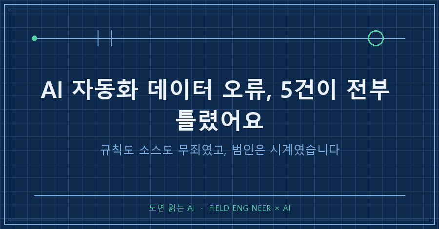 타이틀카드 — "AI 자동화 데이터 오류 / 규칙도 소스도 무죄였고, 범인은 시계였습니다"