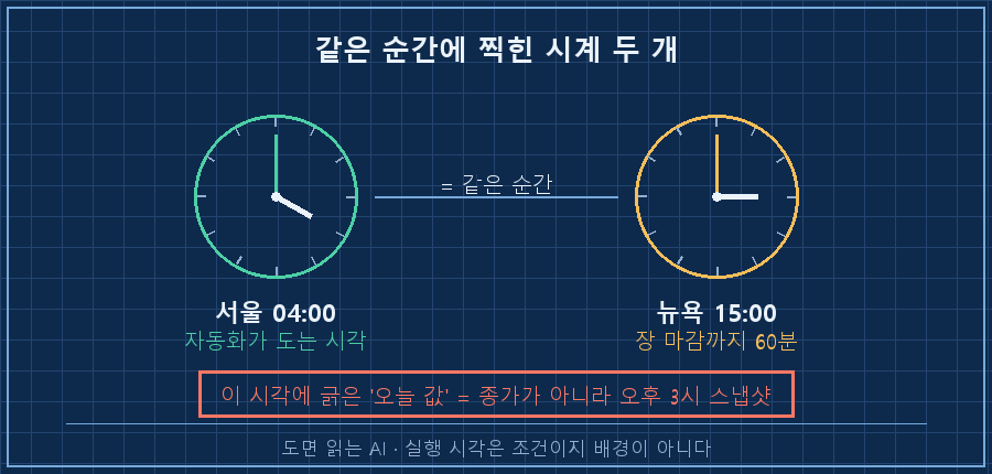 시계 두 개 나란히 — 왼쪽 '서울 04:00 자동화 실행', 오른쪽 '뉴욕 15:00 장 마감까지 60분 남음'. 아래 캡션 '같은 순간이다'