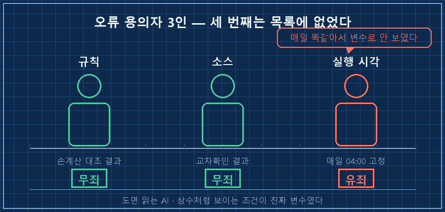 용의자 3인 라인업 — 왼쪽부터 '규칙' 무죄 도장, '소스' 무죄 도장, '실행 시각' 유죄 도장. 세 번째 인물 위에 말풍선 '매일 똑같아서 변수로 안 보였다'. 하단 캡션 '상수처럼 보이는 조건이 진짜 변수였다'