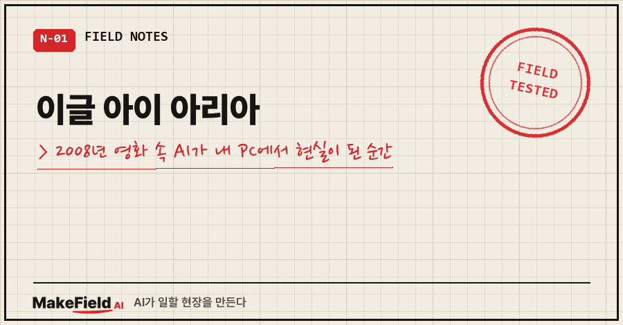01_title.png 타이틀카드 — "이글 아이 아리아 / 2008년 영화 속 AI가 내 PC에서 현실이 된 순간"
