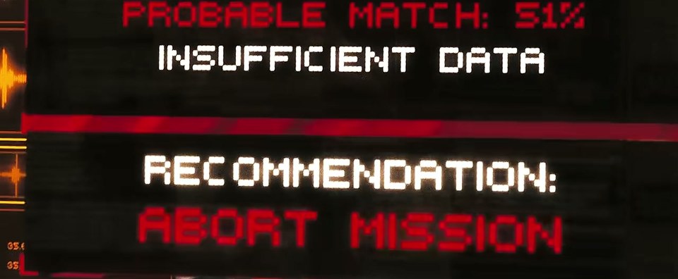 09_abort_mission.jpg — 아리아 화면: "PROBABLE MATCH: 51% / INSUFFICIENT DATA / RECOMMENDATION: ABORT MISSION"