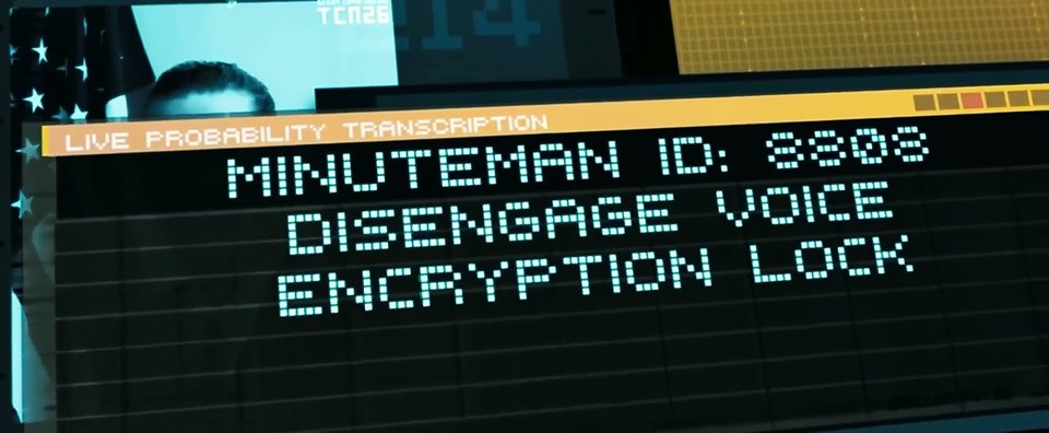 10_voice_lock.jpg — 아리아 화면: "MINUTEMAN ID: 8808 DISENGAGE VOICE ENCRYPTION LOCK" (영화 『이글 아이』 장면)