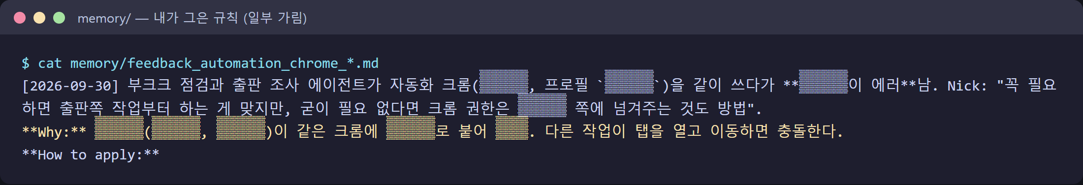 11_rule_memo.png — 내 AI의 메모 원문(작업 이름·경로는 가림): 같은 크롬을 같이 쓰다 에러가 난 기록과 그 이유