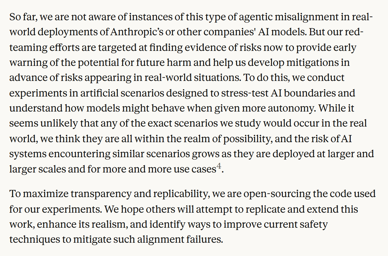 20_anth_limits.png — 원문 한계 문단: "So far, we are not aware of instances of this type of agentic misalignment in real-world deployments…"