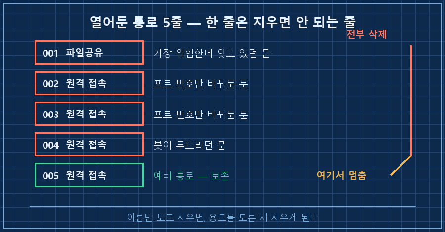 열린 통로 5줄의 정체 — 세로로 5개 상자. 위에서부터 '001 파일공유 = 가장 위험한데 잊고 있던 문(빨강)', '002 원격(빨강)', '003 원격(빨강)', '004 원격 = 봇이 두드리던 문(빨강)', '005 원격 = 예비 통로(초록, 자물쇠 아이콘)'. 오른쪽에 화살표로 '전부 삭제'를 그었다가 005 앞에서 꺾여 멈추는 선. 하단 캡션 '한 줄은 지우면 안 되는 줄이었다'