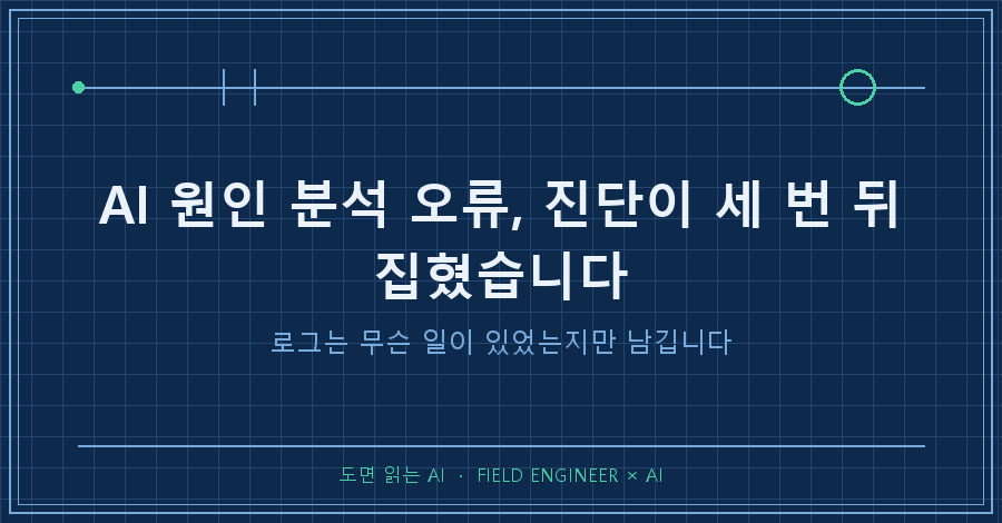 타이틀카드 — "AI 원인 분석 오류 / 로그는 무슨 일이 있었는지만 남기고, 왜 그랬는지는 안 남깁니다"