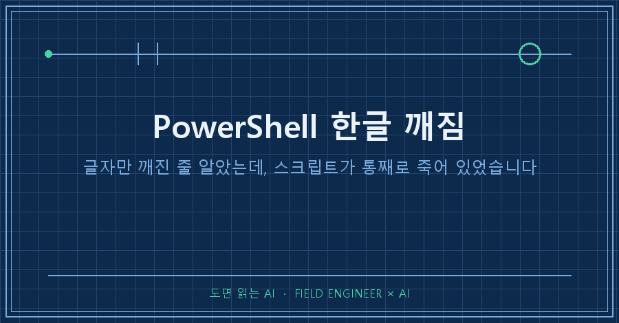 타이틀카드 — "PowerShell 한글 깨짐 / 글자만 깨진 줄 알았는데, 스크립트가 통째로 죽어 있었습니다"