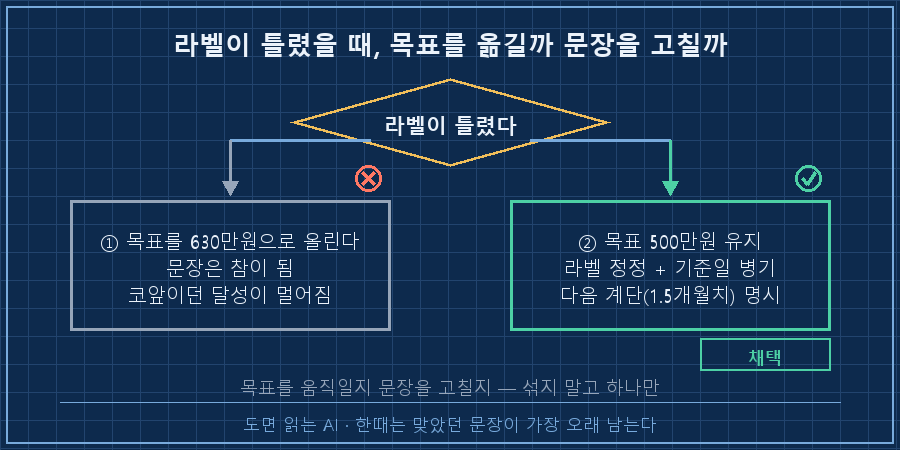 두 갈래 선택 비교 — 가운데 위 노란 마름모 "라벨이 틀렸다". 왼쪽 아래 회색 상자 "① 목표를 630만원으로 올린다 / 문장은 참이 됨 / 코앞이던 달성이 멀어짐"에 빨간 X. 오른쪽 아래 초록 상자 "② 목표 500만원 유지 + 라벨 정정 + 다음 계단(1.5개월치) 명시"에 초록 체크와 "채택" 배지. 하단 캡션 "목표를 움직일지 문장을 고칠지 — 섞지 말고 하나만"