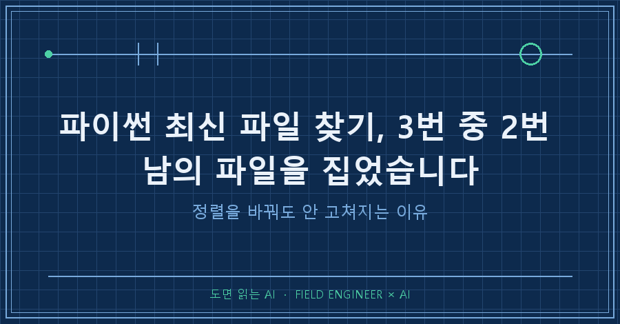 타이틀카드 — "파이썬 최신 파일 찾기 / 3번 중 2번, 남의 파일을 집었습니다"