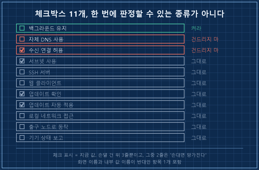 세로로 11칸짜리 체크박스 목록. 맨 위 1칸은 초록 테두리에 '켜라' 배지, 그 아래 2칸은 빨간 테두리에 '건드리지 마' 배지, 나머지 8칸은 회색에 '그대로' 배지. 오른쪽에 세로 중괄호로 묶어 '한 번에 판정 가능한 종류가 아님' 캡션. 하단에 작은 글씨 '화면 이름과 내부 값 이름이 반대인 항목 1개 포함'